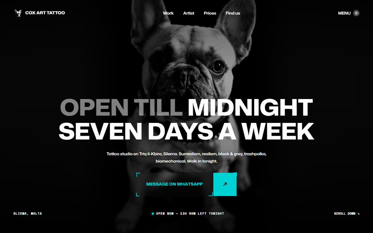 Cox Art Tattoo — tattoo studio homepage built and launched by Solomon Studio