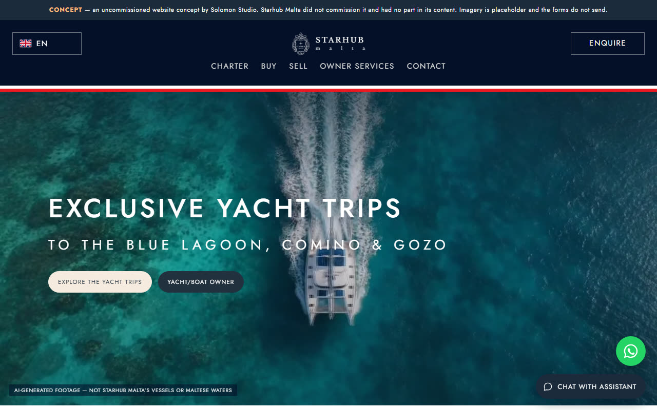 Starhub Malta — yacht charter and brokerage concept homepage by Solomon Studio