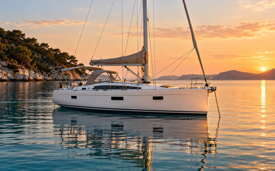 Concept render of a small sailing yacht at anchor in the Dufour 365 GL size and style class — not a photo of the actual advertised vessel