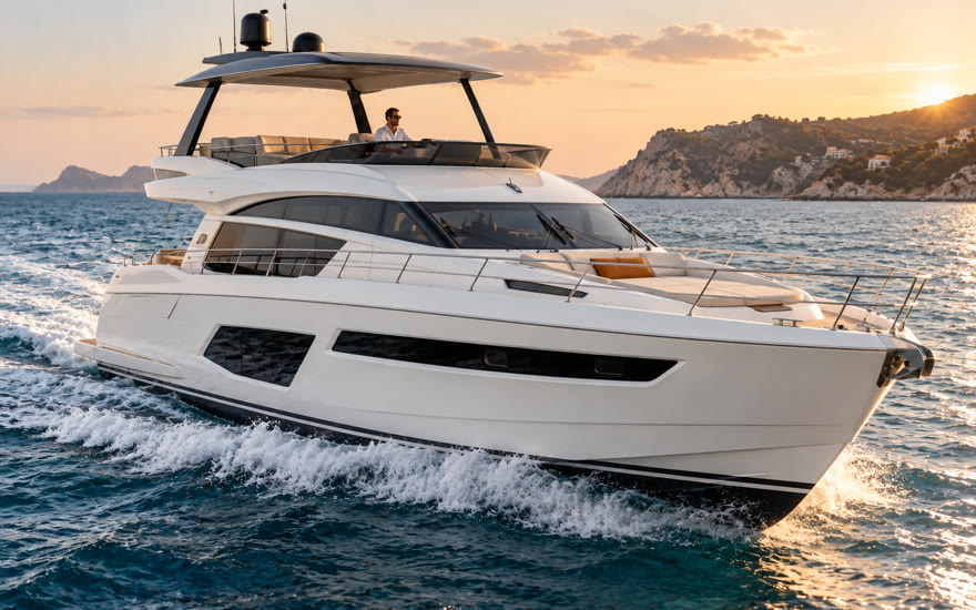 Concept render of a flybridge motor yacht in the Gran Turismo 46 size and style class — not a photo of the actual advertised vessel